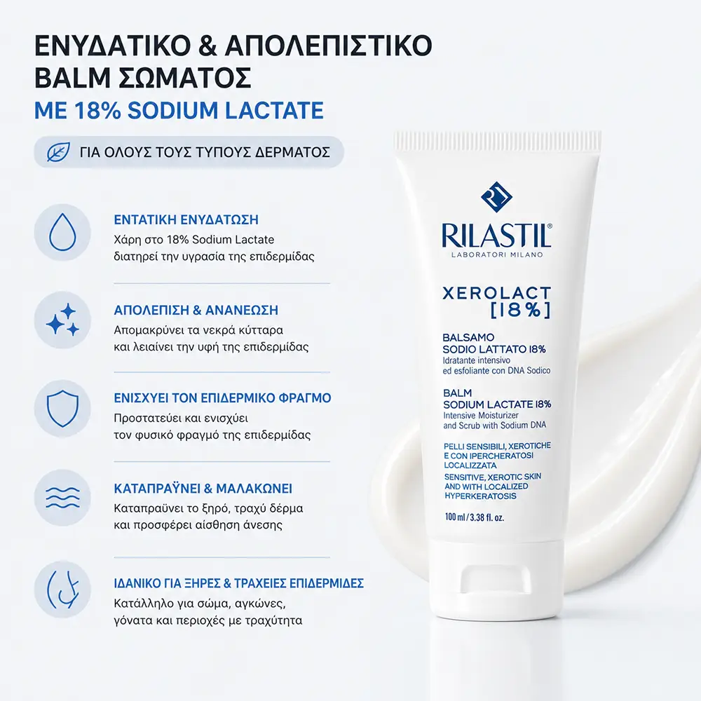 QGT67358 Ενυδατικό και Απολεπιστικό Balm Σώματος - Rilastil Xerolact Balm Sodium Lactate 18% 100ml - Image 1